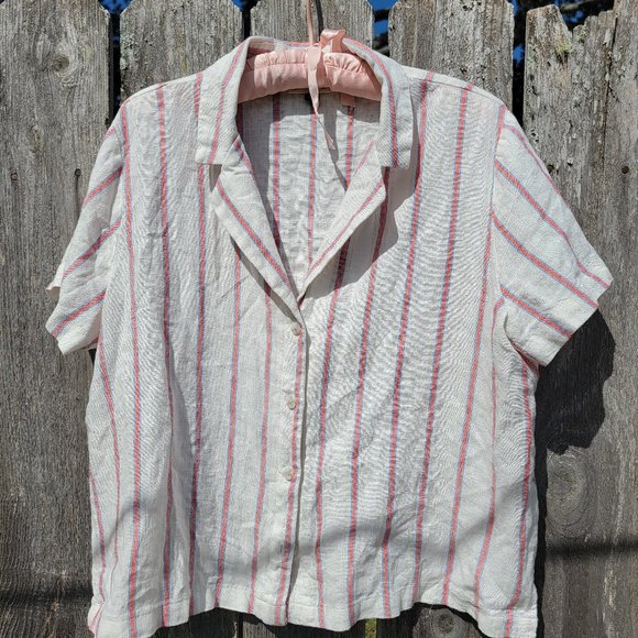 Linen-rayon boxy cropped retro-style button up shirt - Picture 1 of 6